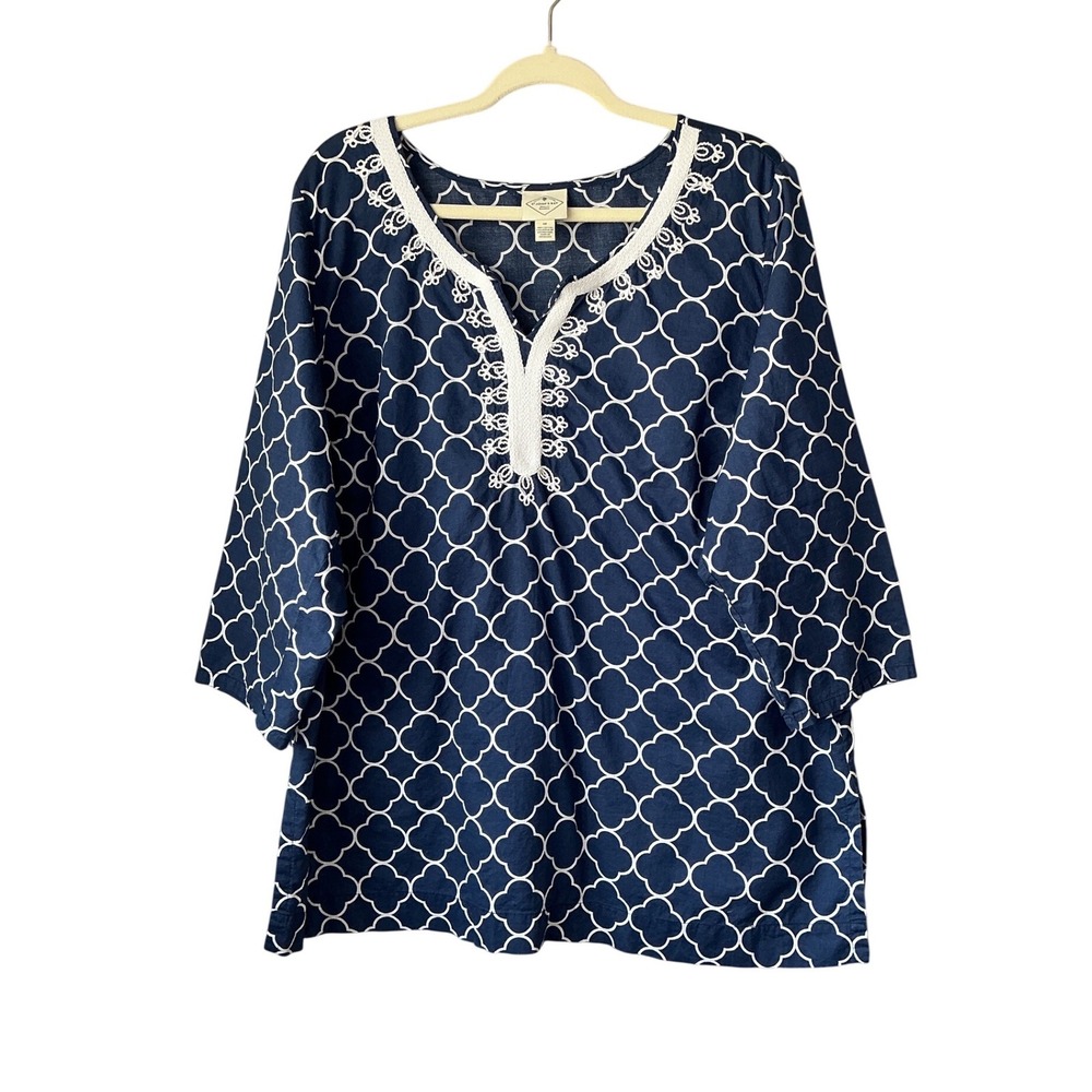 St Johns Bay Navy White Quatrefoil Crochet V-Neck 3/4 Sleeve Tunic Top 1X